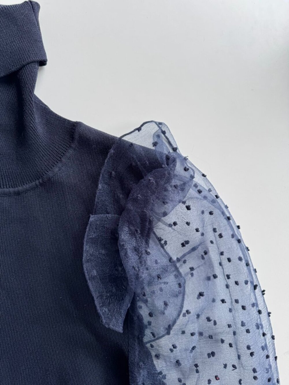 NWT ZARA Navy Blue Ribbed Knit Flocked Dot Organza Puff Sleeve Top, Size S - Picture 10 of 16